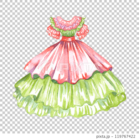 Mexican long traditional dress isolated. Watercolor tabasco dress, decorated red belt. 119767422