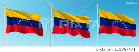 Set of three flags of Venezuela waving on flagpoles 119767471