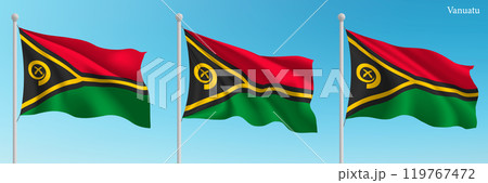Set of three flags of Vanuatu waving on flagpoles 119767472