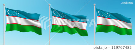 Set of three flags of Uzbekistan waving on flagpoles 119767483