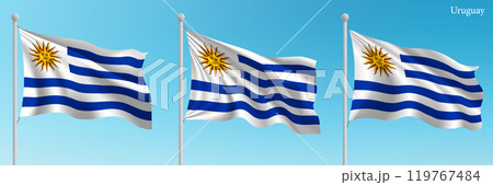 Set of three flags of Uruguay waving on flagpoles 119767484
