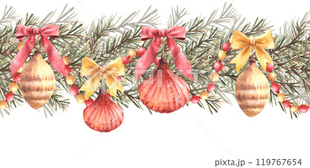 Christmas Spruce branches with retro toys, bows, ribbons and red gold vintage garland Watercolor seamless border. Festive pattern, gift wrapping paper. Hand drawn illustration isolated from background Christmas Spruce branches with retro toys, bows, ribbons and red gold vintage garland Watercolor seamless border. Festive pattern, gift wrapping paper. Hand drawn illustration isolated from background 119767654