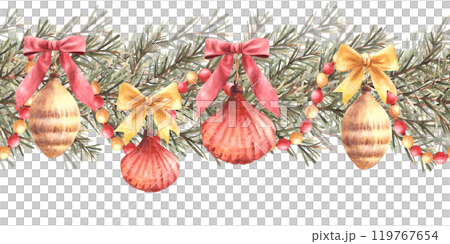 Christmas Spruce branches with retro toys, bows, ribbons and red gold vintage garland Watercolor seamless border. Festive pattern, gift wrapping paper. Hand drawn illustration isolated from background Christmas Spruce branches with retro toys, bows, ribbons and red gold vintage garland Watercolor seamless border. Festive pattern, gift wrapping paper. Hand drawn illustration isolated from background 119767654