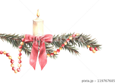 Christmas tree branch with garland and burning white candle with a red bow. Winter advent festive decorated spruce twig. Watercolor hand drawn illustration for greeting card on isolated background Christmas tree branch with garland and burning white candle with a red bow. Winter advent festive decorated spruce twig. Watercolor hand drawn illustration for greeting card on isolated background 119767685