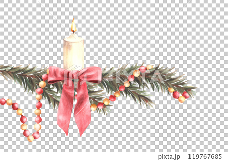 Christmas tree branch with garland and burning white candle with a red bow. Winter advent festive decorated spruce twig. Watercolor hand drawn illustration for greeting card on isolated background Christmas tree branch with garland and burning white candle with a red bow. Winter advent festive decorated spruce twig. Watercolor hand drawn illustration for greeting card on isolated background 119767685