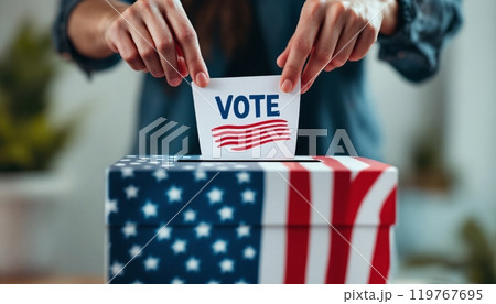 Election United States, hand dropping vote, ballot box, Voter Holds Envelope, putting paper ballots, election day, american flag, election place, Background With Copy-Space 119767695