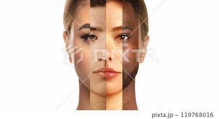 Collage of portraits of men and women from various ethnic backgrounds merged into one face. 119768016
