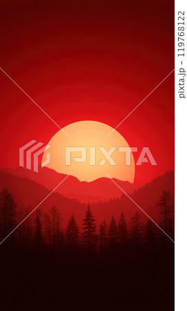 stunning sunset casts warm glow over silhouette of trees and mountains, creating serene and captivating atmosphere. vibrant red sky enhances beauty of nature 119768122