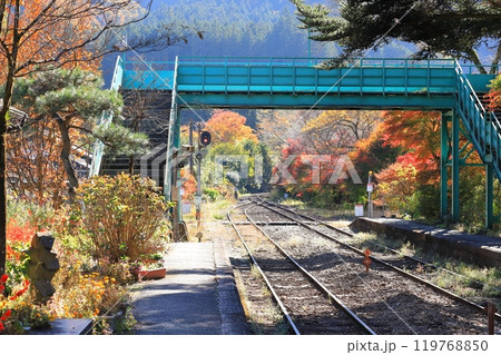 わたらせ渓谷鐵道「沢入駅のホームからの眺め」紅葉 わたらせ渓谷鐵道「沢入駅のホームからの眺め」紅葉 119768850