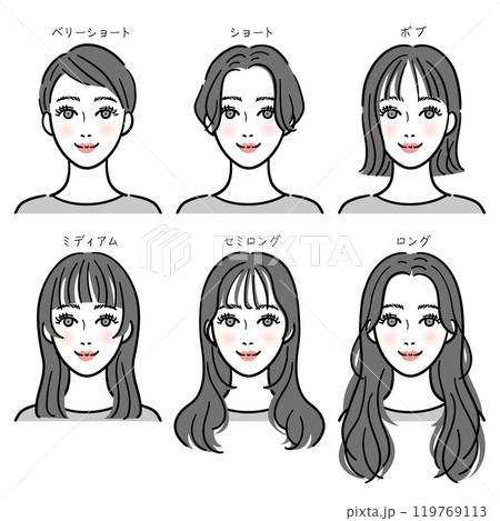 色々な髪の長さの女性セット(文字あり) 色々な髪の長さの女性セット(文字あり) 119769113