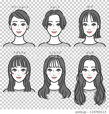 色々な髪の長さの女性セット(文字あり) 色々な髪の長さの女性セット(文字あり) 119769113