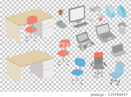 オフィスの机や椅子、パソコンなどの手描きイラストセット オフィスの机や椅子、パソコンなどの手描きイラストセット 119769437