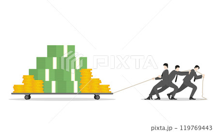A business people drag a trolley full of cash, teamwork in business growth, income strategy, and financial gain. Economic wealth, revenue goal, and attempt investment strategy in a competitive market 119769443