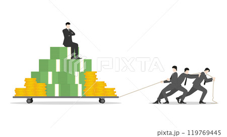 Business people drag a trolley full of cash with boss sits on top, teamwork in business growth, income strategy, and financial gain. Economic wealth, revenue goal, and ambitious investment market 119769445