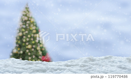 Empty white snow with blur Christmas tree with bokeh light background Empty white snow with blur Christmas tree with bokeh light background 119770486