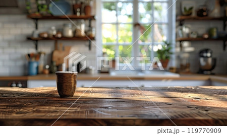 Black Coffee Mug on Wooden Kitchen Countertop With Window in Background Black Coffee Mug on Wooden Kitchen Countertop With Window in Background 119770909