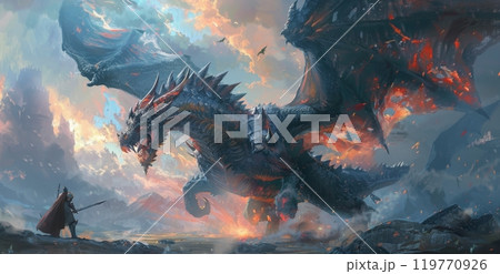 A Lone Knight Faces a Massive Black Dragon in a Golden Battlefield A Lone Knight Faces a Massive Black Dragon in a Golden Battlefield 119770926