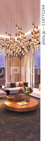 Elegant Modern Living Room with eyecatching Unique Lighting Design that captivates, 3d rendering 119771244