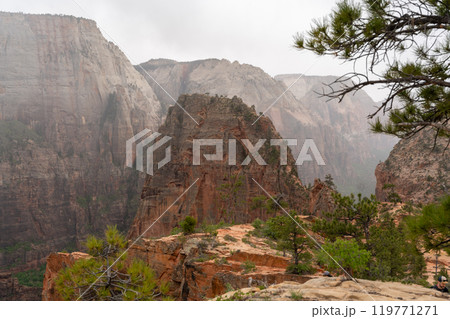 Views of Angels Landing from afar on a cloudy day at Zion National Park. Views of Angels Landing from afar on a cloudy day at Zion National Park. 119771271
