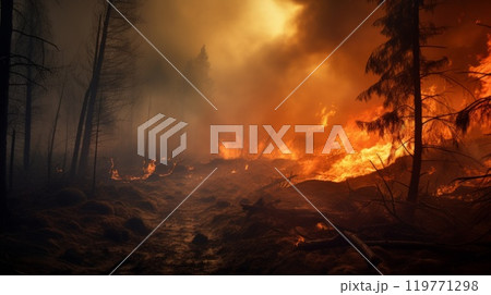 Fire accident in forest area due to global warming. Neural network ai generated art 119771298