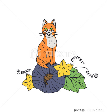 Thanksgiving greeting card with cute cat and pumpkin 119771458