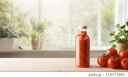 Bottle of tasty tomato juice and tomatoes on kitchen interior background. Neural network ai generated art 119771462