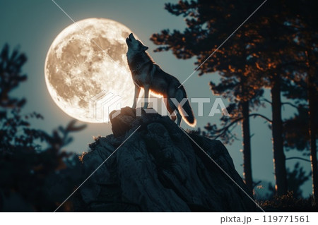 Silhouette of howling wolf against dark toned foggy background and full moon or Wolf in silhouette howling to the full moon. Neural network ai generated art 119771561