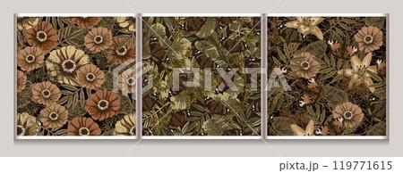 Set of brown camouflage seamless patterns with lush foliage, leaves, butterfly. Wild nature. For apparel, fabric, textile, sport goods design. 119771615