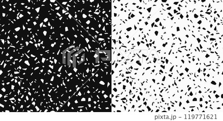 Seamless black and white texture with randomly scattered big polygonal particles. Seamless black and white texture with randomly scattered big polygonal particles. 119771621