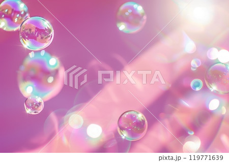 Pink soap bubbles floating in the air. Natural freshness summer holiday background. Neural network ai generated art 119771639