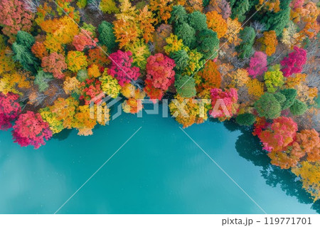 Aerial top view of countryside in autumn fall forest and blue lake. Neural network ai generated art 119771701