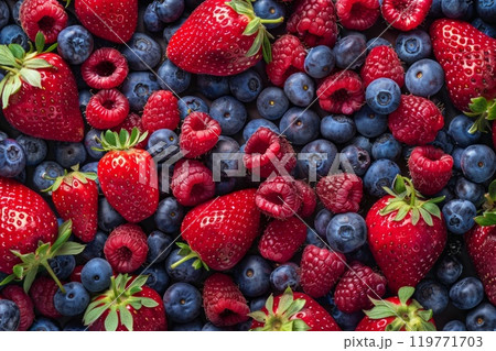 A close-up image showcasing a variety of fresh berries, including strawberries, blueberries, blackberries, and raspberries. Neural network ai generated art 119771703