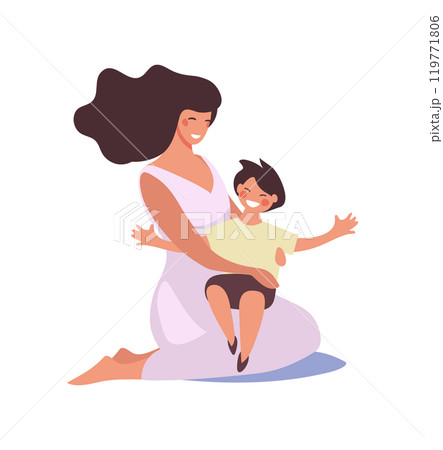 Mother sitting with son on her lap, motherhood and childhood, happy family, flat cartoon vector illustration 119771806