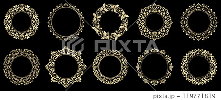 Set of decorative frames Elegant vector element for design in Eastern style, place for text. Floral black and golden borders. Lace illustration for invitations and greeting cards 119771819