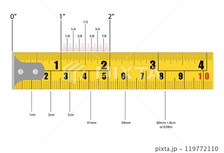 Yellow Measuring Tape with Inches and Feet, Closeup 119772110