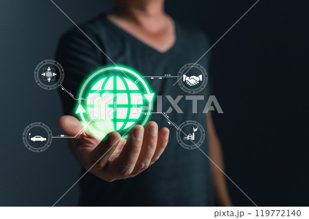 Climate change,hand hold hologram to save energy,and reduce global warming,ecology friendly investment,ESG environment social governance,Green Business Innovation and Sustainable Development concept. 119772140