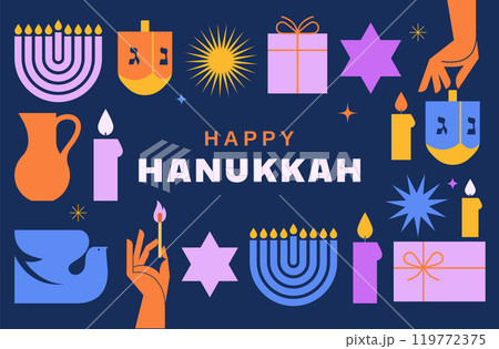 Happy Hanukkah banner, background, poster. Modern design for traditional holiday. Menorah, dove 119772375