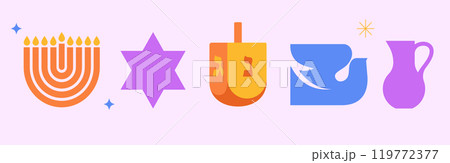Menorah, dove, candles and dreidel icons set. Happy Hanukkah banner, background, poster. Modern 119772377