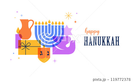 Happy Hanukkah banner, background, poster. Modern design for traditional holiday. Menorah, dove 119772378