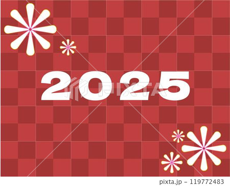 赤色のチャック柄と花と2025の文字。2025年の新年の正月背景。 119772483