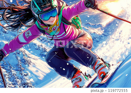 スキー女子アニメイラスト：雪と風を切り裂く日本人女性の躍動的な瞬間 119772555