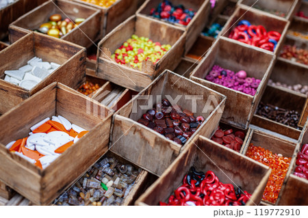 Jewelry accessories on the flea market stall Jewelry accessories on the flea market stall 119772910