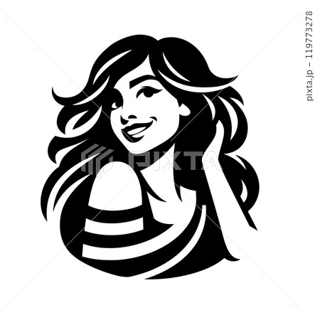 A beautiful young woman touching her gorgeous long wavy hair. Isolated on white illustration. AI-generated 119773278