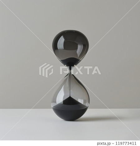 A black hourglass sits on a white minimalist surface. 119773411