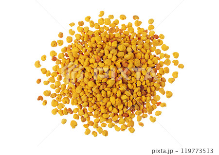 Bee pollen grains isolated on white background. Top view. Flat lay Bee pollen grains isolated on white background. Top view. Flat lay 119773513