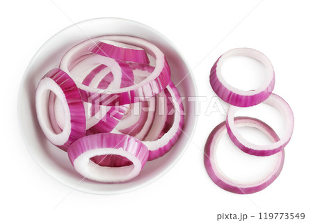 Red onion slices in ceramic bowl isolated on a white background. Top view. Flat lay Red onion slices in ceramic bowl isolated on a white background. Top view. Flat lay 119773549