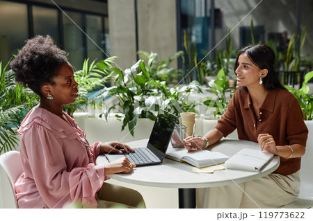 Side view of African American woman discussing work strategy with female colleague while working on laptop at cafe table in contemporary business center, copy space 119773622