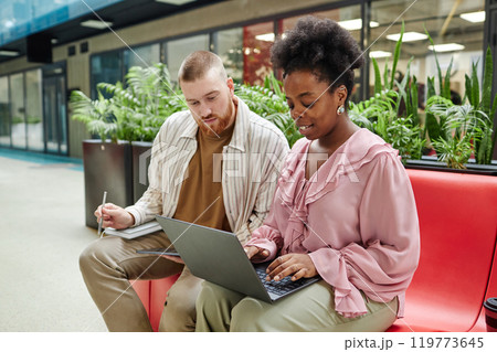 African American woman at business meeting typing on laptop collaborating with male colleague looking at computer screen, while comfortably sitting on couch in lounge area of office center African American woman at business meeting typing on laptop collaborating with male colleague looking at computer screen, while comfortably sitting on couch in lounge area of office center 119773645