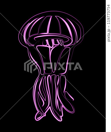 The vibrant siphoid jellyfish emits neon light, showcasing its unique form in the deep sea 119773754