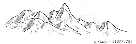 Mountain Range vector illustration. Linear drawing in Black and White Ink of hills for travel and cartography design. Etching of rocks painted in line art style. Etch of relief landscape with peak. Mountain Range vector illustration. Linear drawing in Black and White Ink of hills for travel and cartography design. Etching of rocks painted in line art style. Etch of relief landscape with peak. 119773789